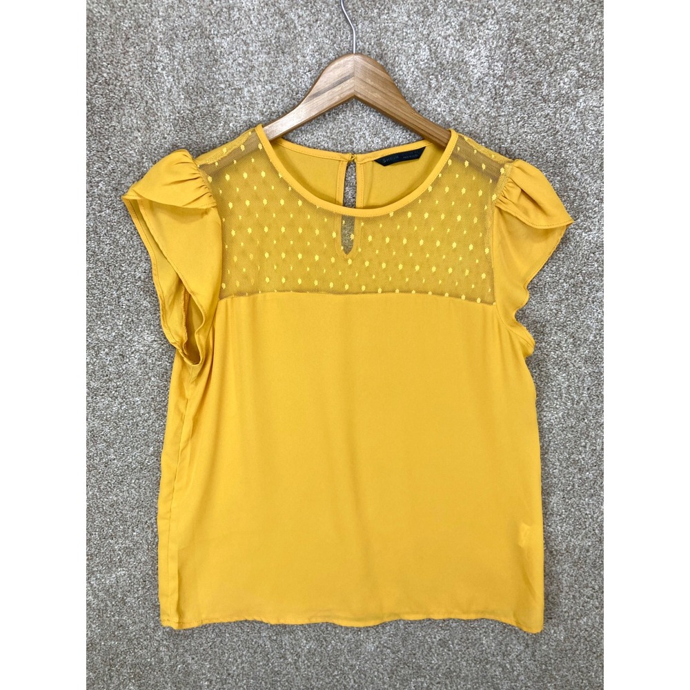 Shein Swiss Dot Mesh Yoke Flutter Sleeve Blouse Women Sz M Yellow Office Casual